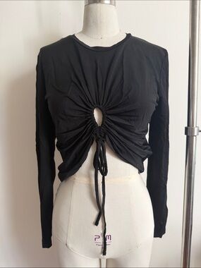 All Saints Black Ruched Keyhole Drawstring Long-Sleeve Crop Top